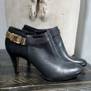 Vince Camuto Black Leather Heeled Boots with Gold Accent